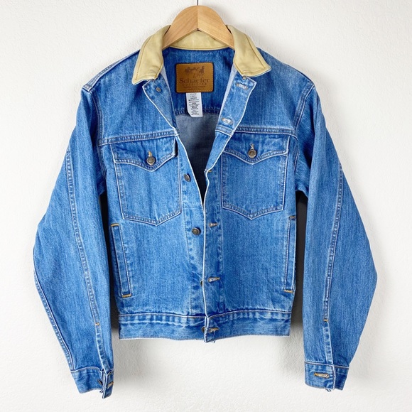 VINTAGE SHAEFER denim & leather jean jacket sh3 - Picture 2 of 8